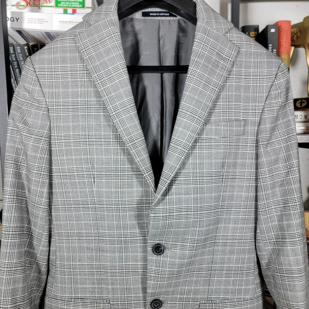 Kenneth Cole‎ Mens Sport Coat Blazer Two Button Gray Plaid Wool Poly Slim 36R